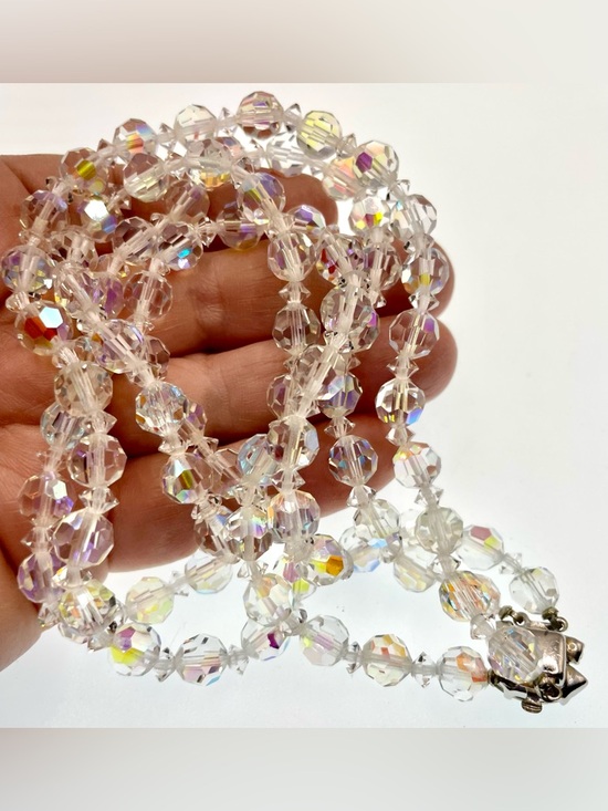 Vintage AB Crystal Double Strand Necklace Rhinestone Clasp Wedding Bridal - Picture 7 of 9